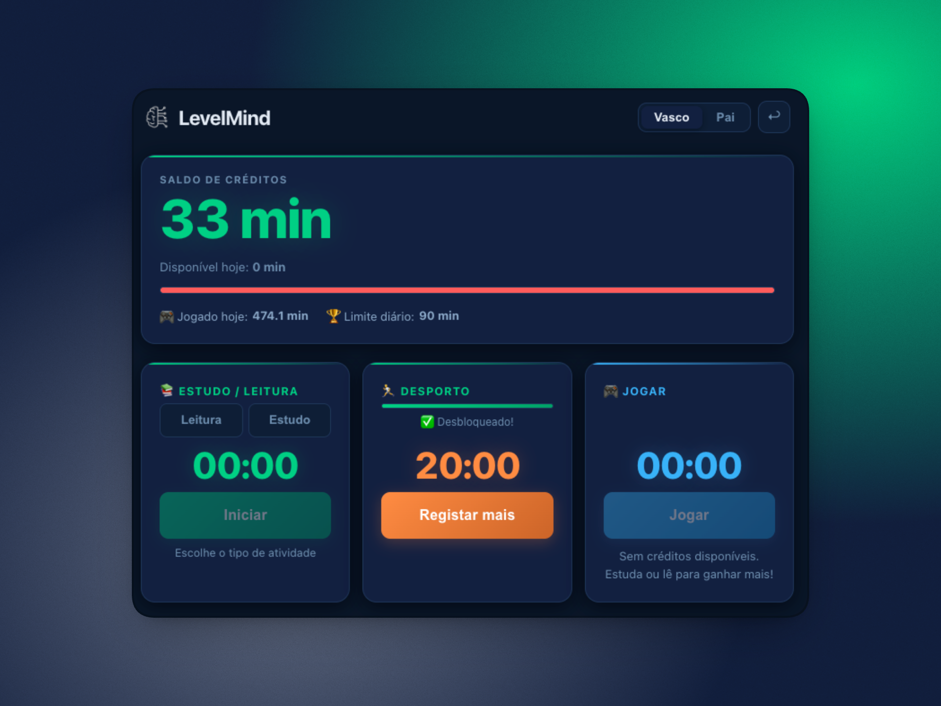 LevelMind UI: credit balance, study/exercise/gaming timers