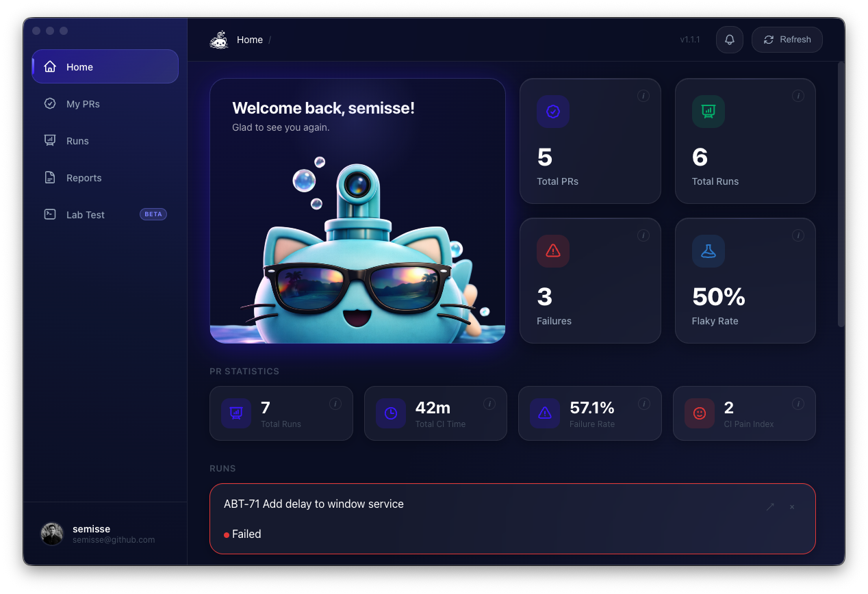 SubCat dashboard: stats, recent activity, and a cat-submarine mascot with sunglasses