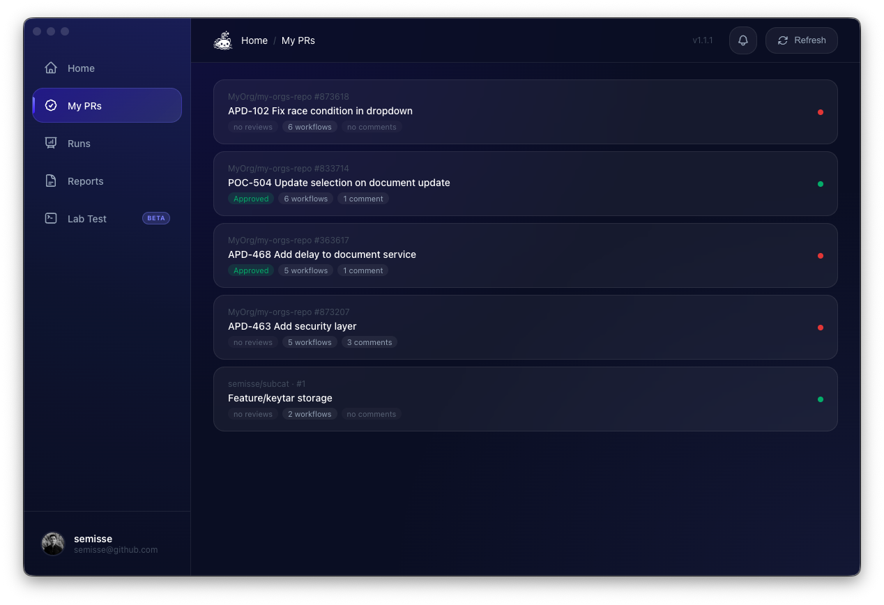 My PRs view: open pull requests with review status and workflow counts